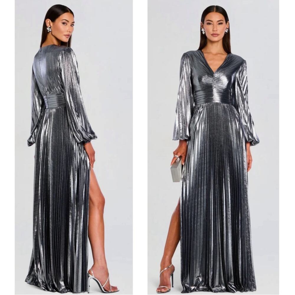 RETROFETE Malia Long Sleeve Pleated Ruched Metallic Deep V Maxi Dress Sz XS